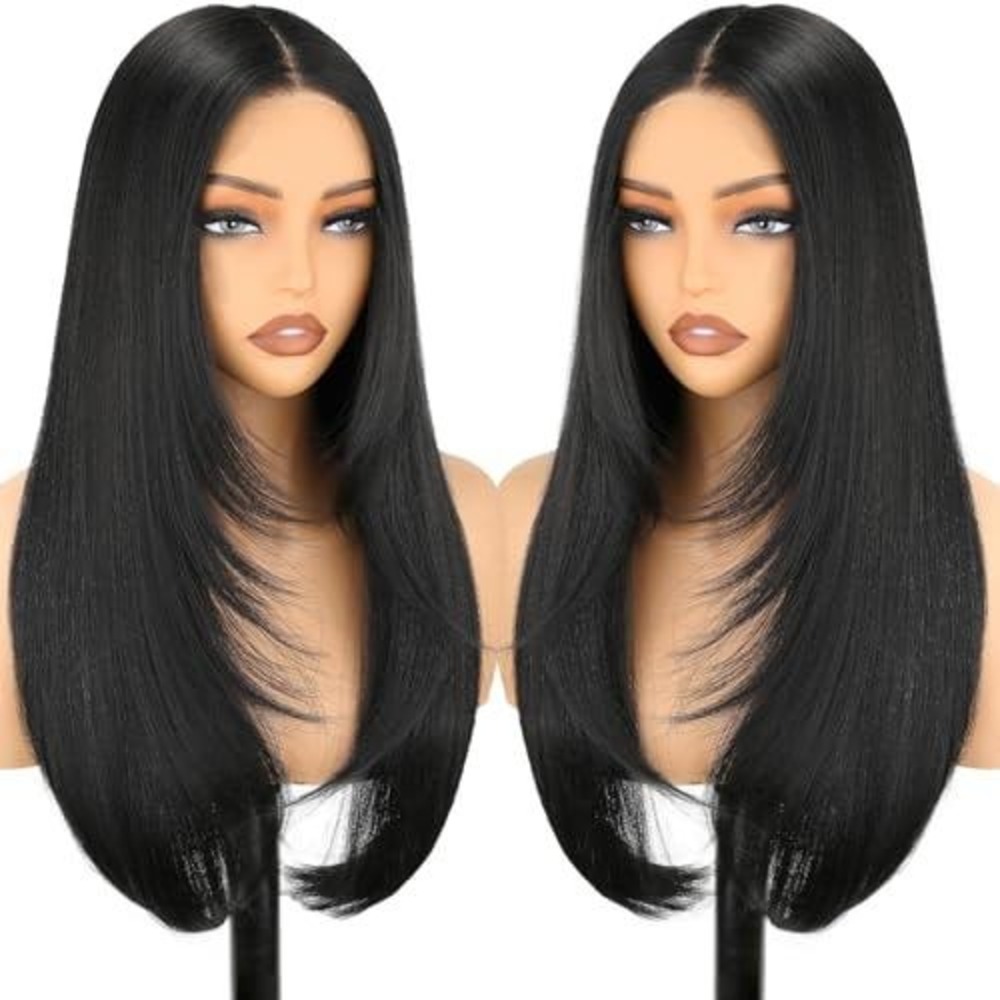 Long Black Layered Synthetic Wig Middle Part Straight Face Framing - Picture 1 of 2